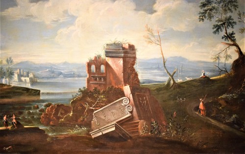 Paysage Lacustre avec ruines et personnages - École vénitienne du XVIIIe - Romano Ischia